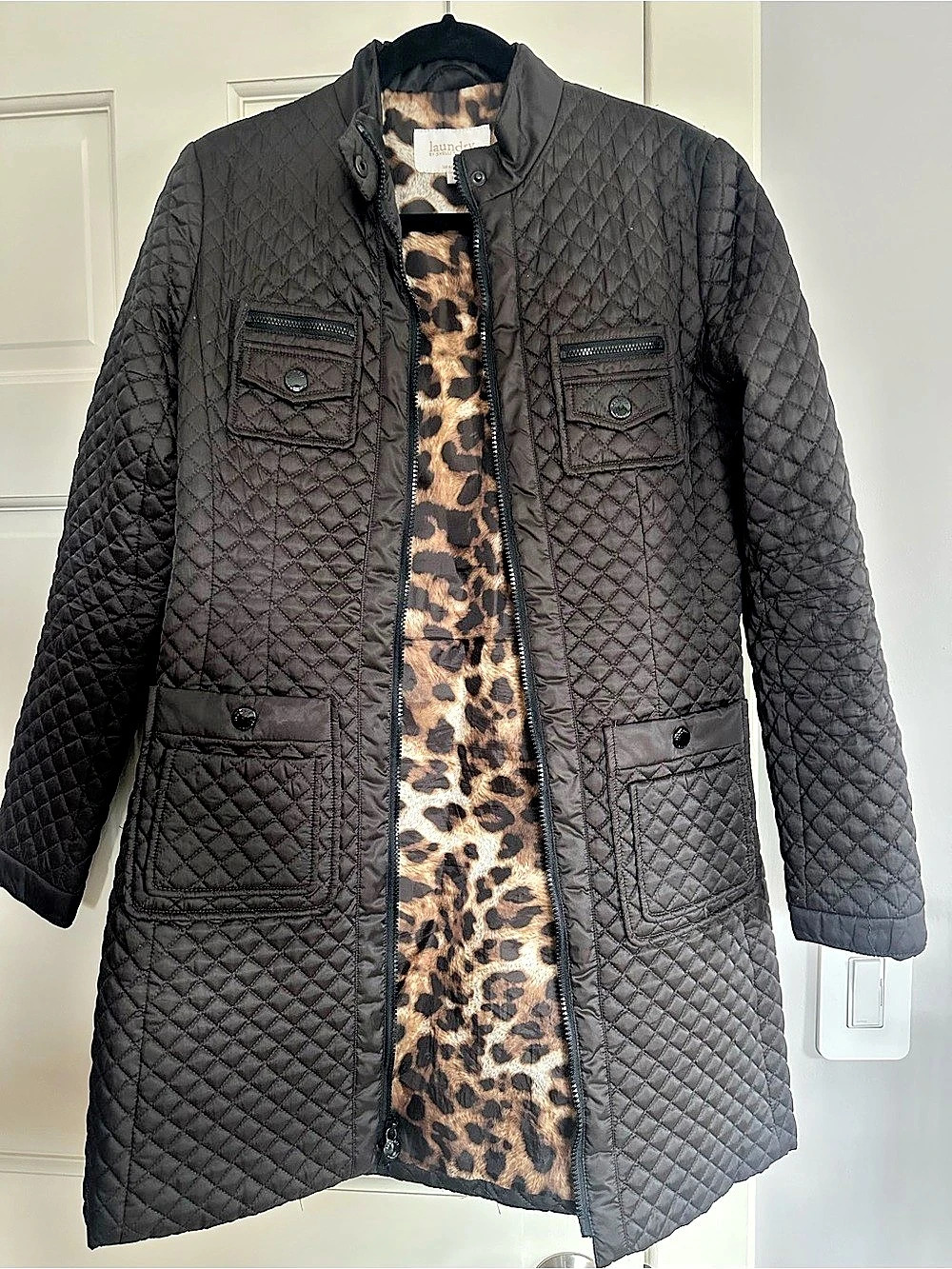 Laundry by Shelli Segal Quilted Coat with Leopard Lining Black